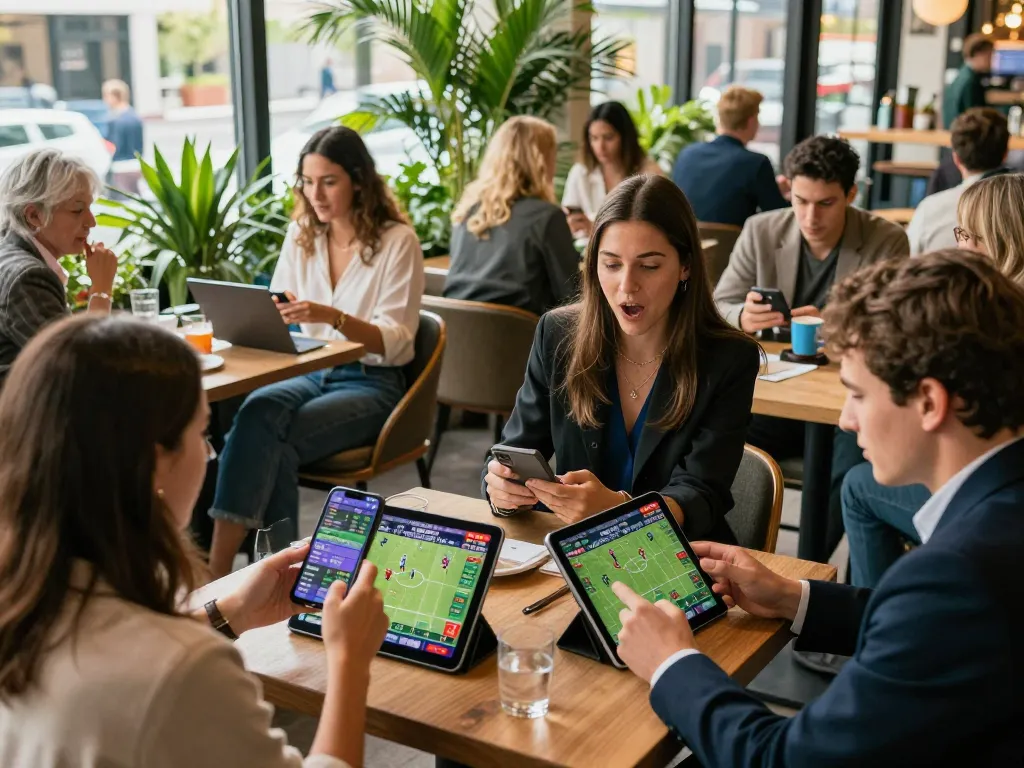 Engaging in kèo nhà cái with friends at a lively sports betting event in a café setting