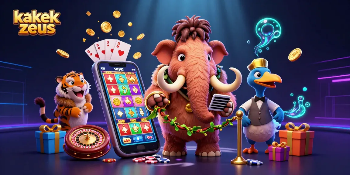 Spin the reels of Kakek Zeus slot game surrounded by characters in a vibrant casino scene.