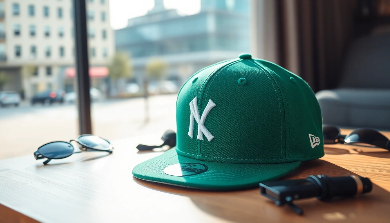Gorra new era verde mostrando detalles de diseño en un ambiente moderno.