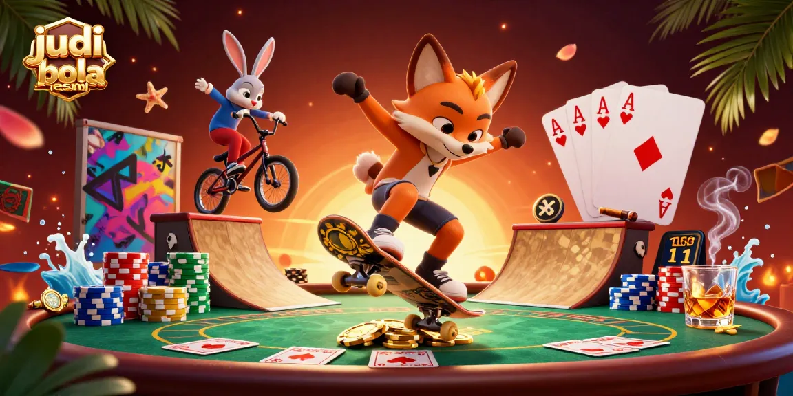 Experience excitement in judi bola resmi with 3D cartoon characters celebrating casino tricks amidst vibrant gaming elements.