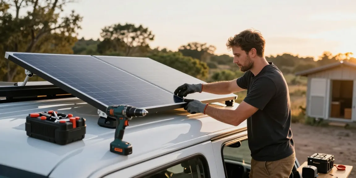 Technician upgrading campervan electrics with rokok88 solar panel installation kit in natural light