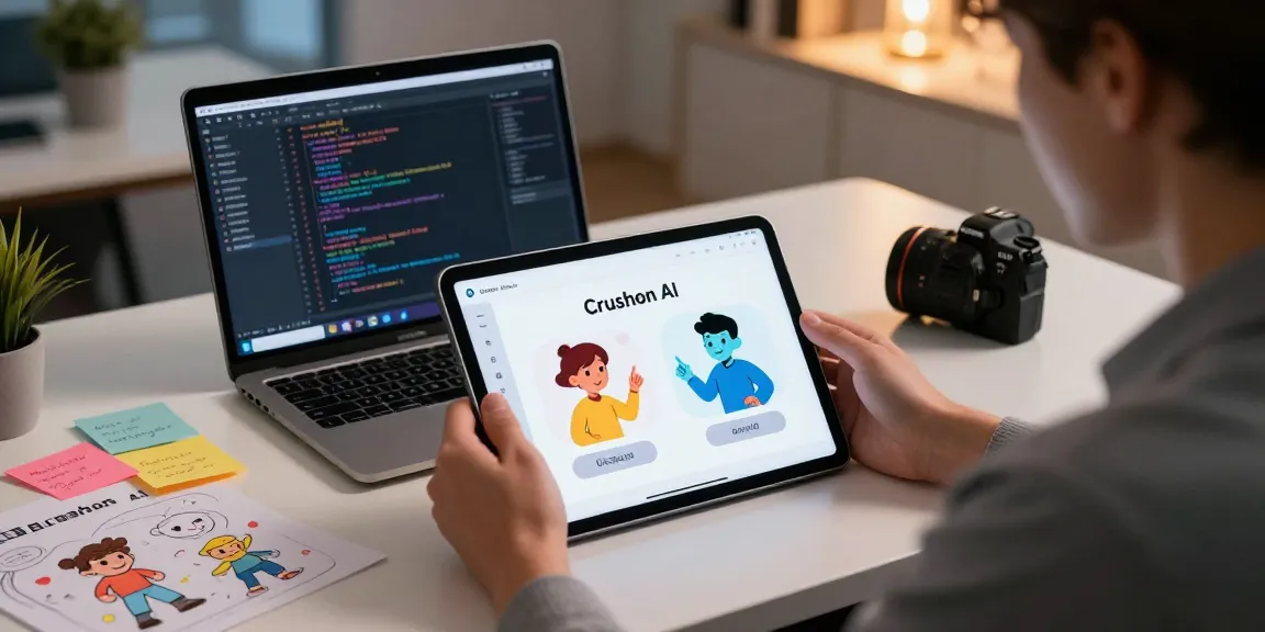 Interactive Crushon AI chat experience with user engaging with animated characters at a modern workspace.