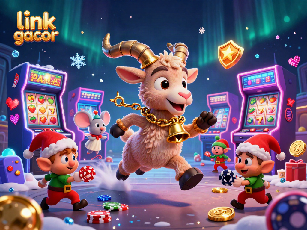 Engage with link gacor in this festive 3D casino scene showcasing a Krampus goat and playful elves.