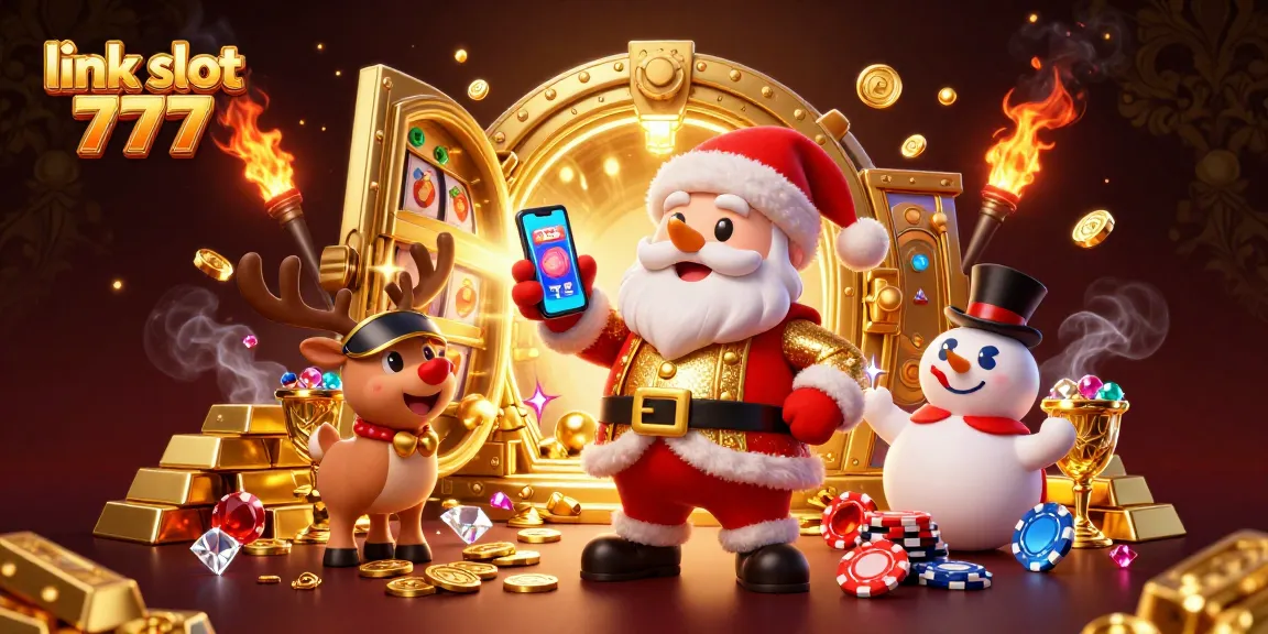 Spin to win with link slot 777 as Santa and friends celebrate jackpots in a vibrant casino scene.
