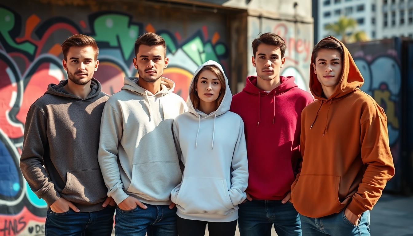 Showcasing high quality blank hoodies against vibrant street art, blending style and comfort.