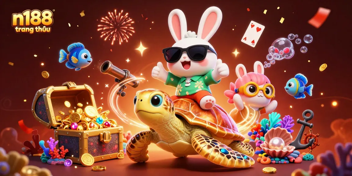 Experience n188 trang chủ with a lucky rabbit and golden turtle, amidst vibrant casino-themed elements.
