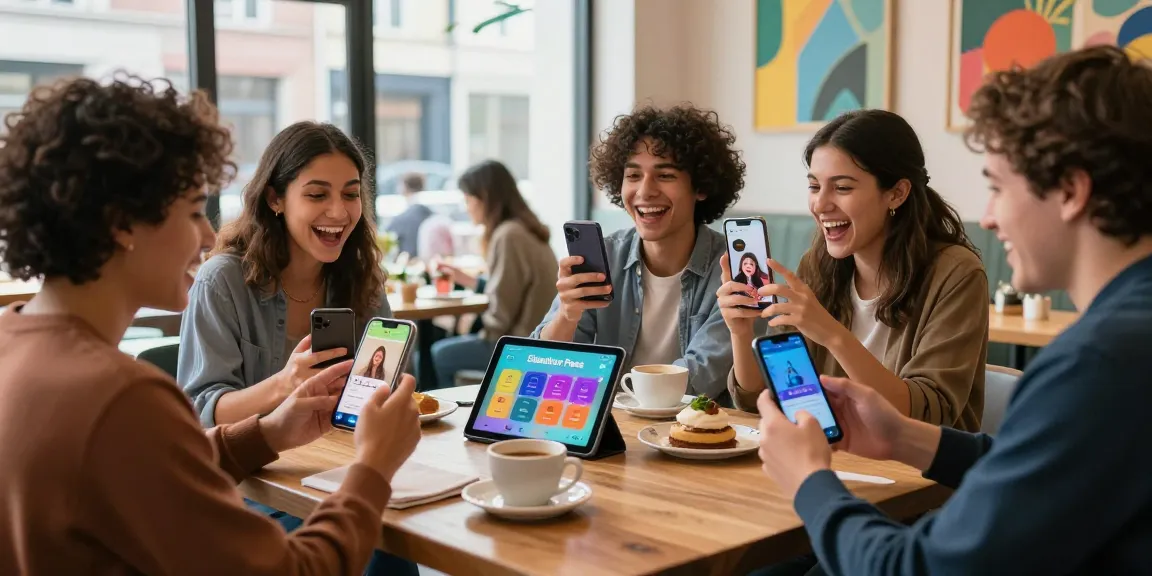 Friends rating images using Smash or Pass AI in a vibrant café setting