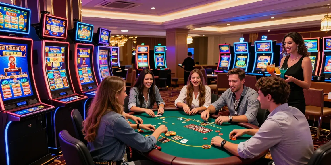 Exciting experience at credit card casinos with friends playing slot machines and poker in a vibrant casino.
