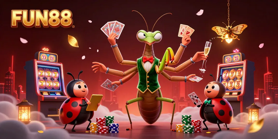 Play casino games with FUN88 as a giant card sharp entertains in a colorful illustration.