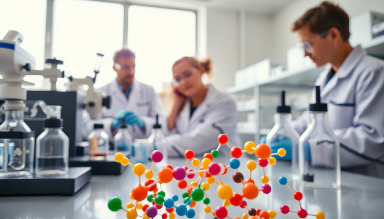 Explore Peptides UK with scientists in a modern lab synthesizing diverse peptide samples.