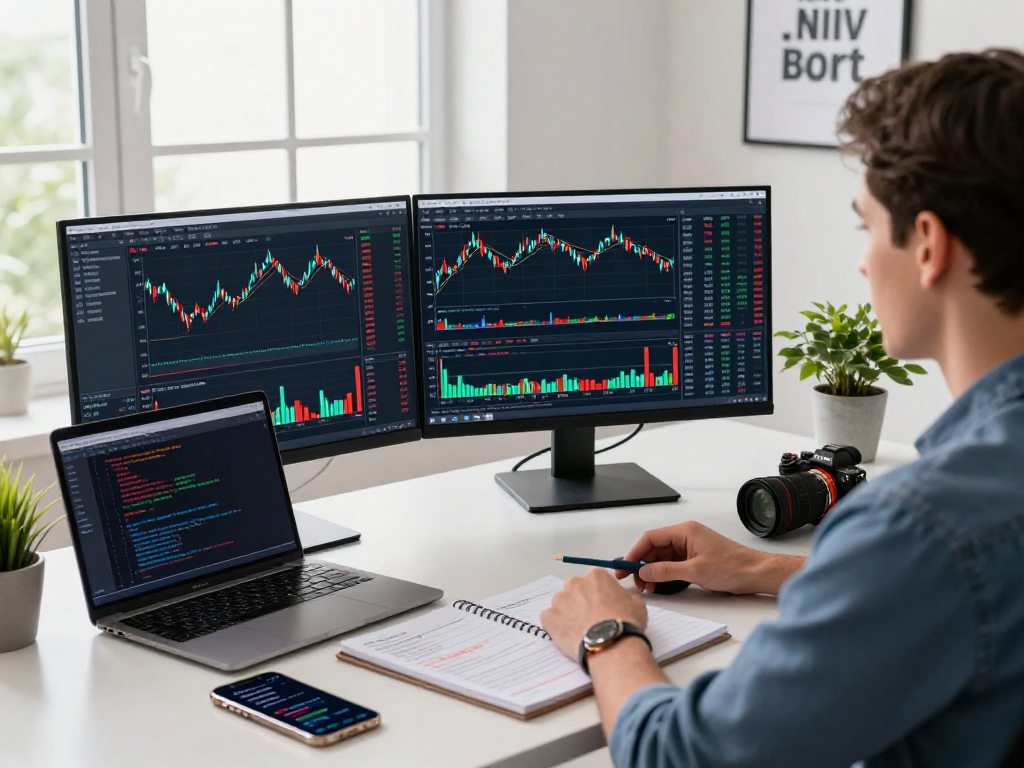 Engaged trader using TradingView platform for market analysis and automated strategies in a modern workspace.