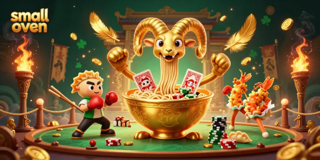 Engage in gaming with a vibrant small oven casino scene, featuring characters and rich festive elements.
