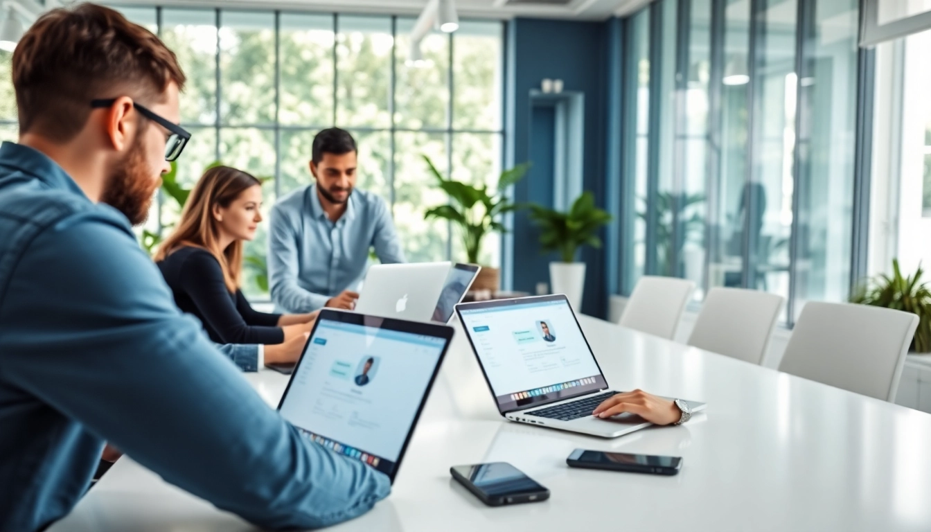 Showcase collaborative teamwork using enterprise assistant software in an engaged office environment.
