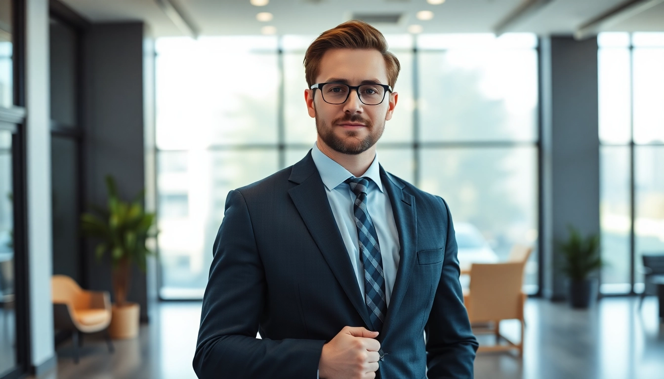 Showcasing Executive Presence, a confident executive in a modern office setting, exuding authority.
