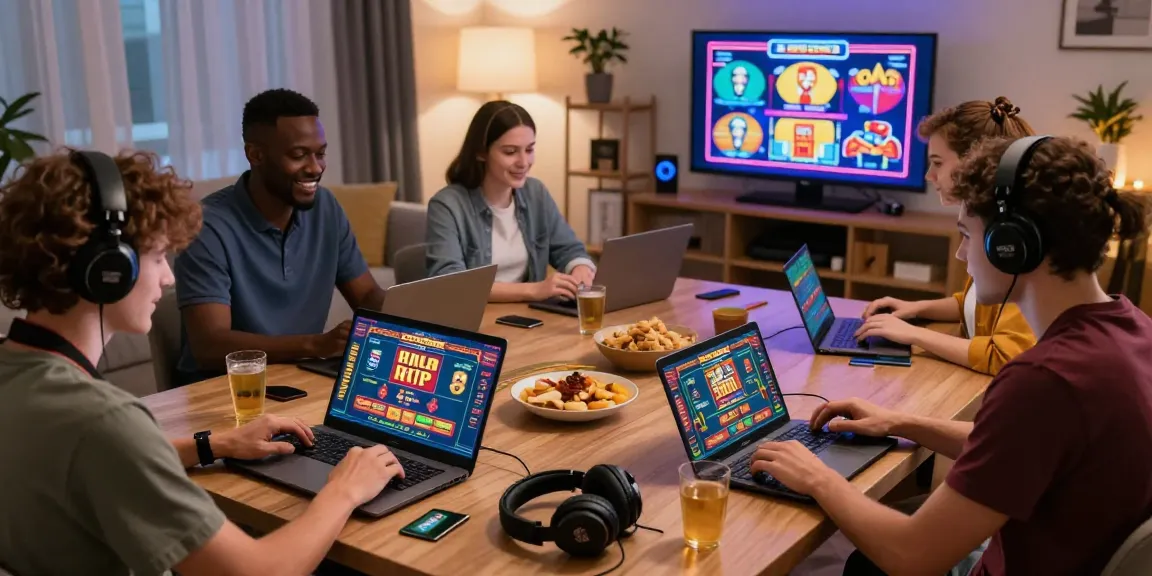 Players engaging with various games at a credit card casino in a cozy home gaming setup, showcasing excitement and immersion.