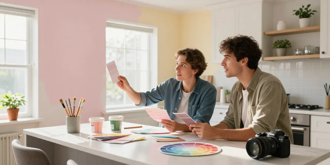 Residential painters Polk County IA helping a homeowner choose paint colors in a bright modern kitchen.