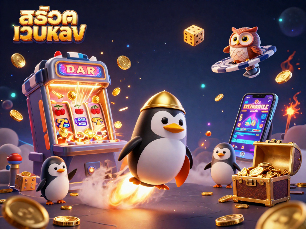 Engage in thrilling สล็อตเว็บตรง action with a dynamic casino-themed 3D illustration featuring a golden penguin.