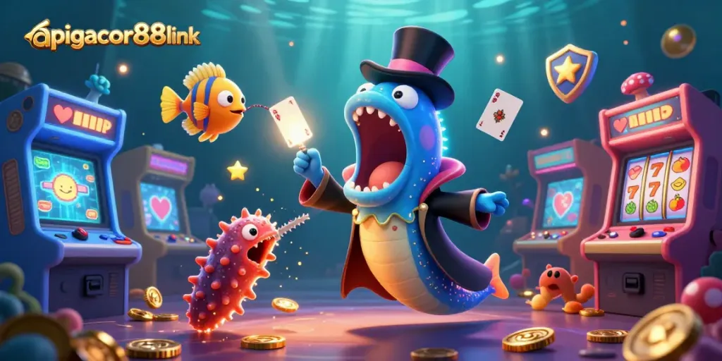 Engage with apigacor88link as a bioluminescent gulper eel dazzles with card tricks in a vibrant casino scene.
