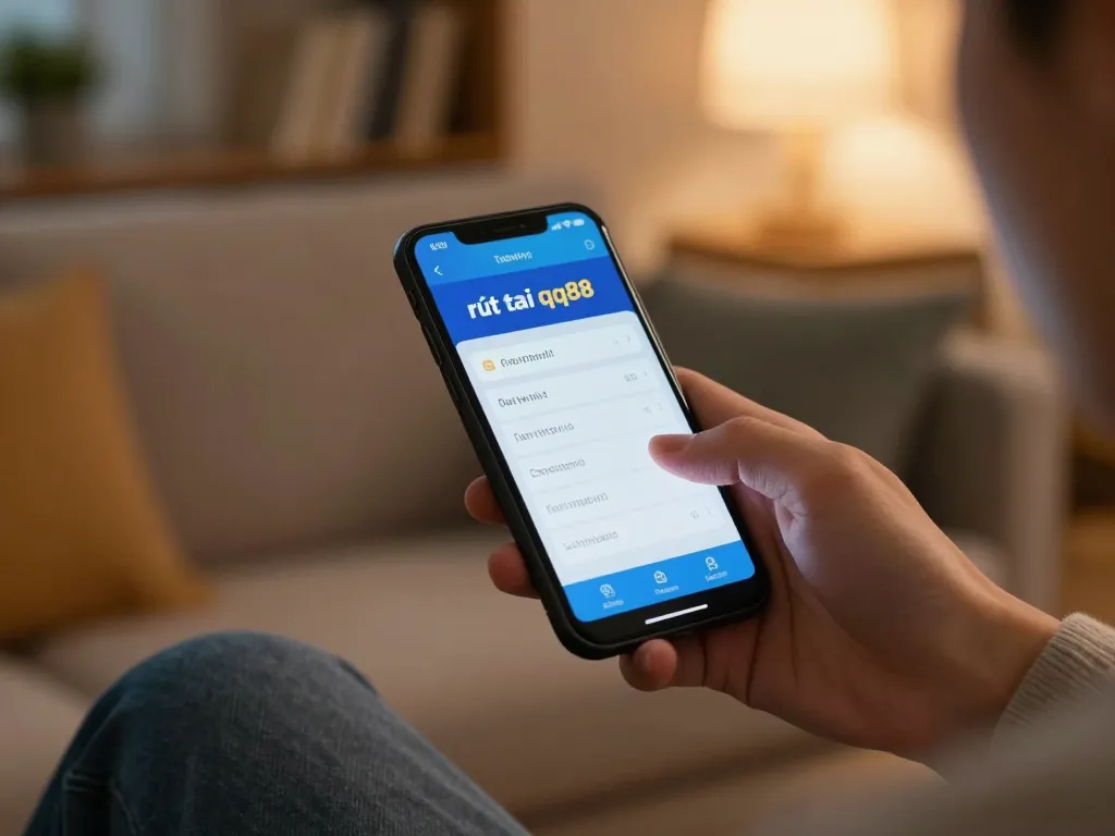 Executing rút tiền qq88 transaction on mobile device in a cozy living room