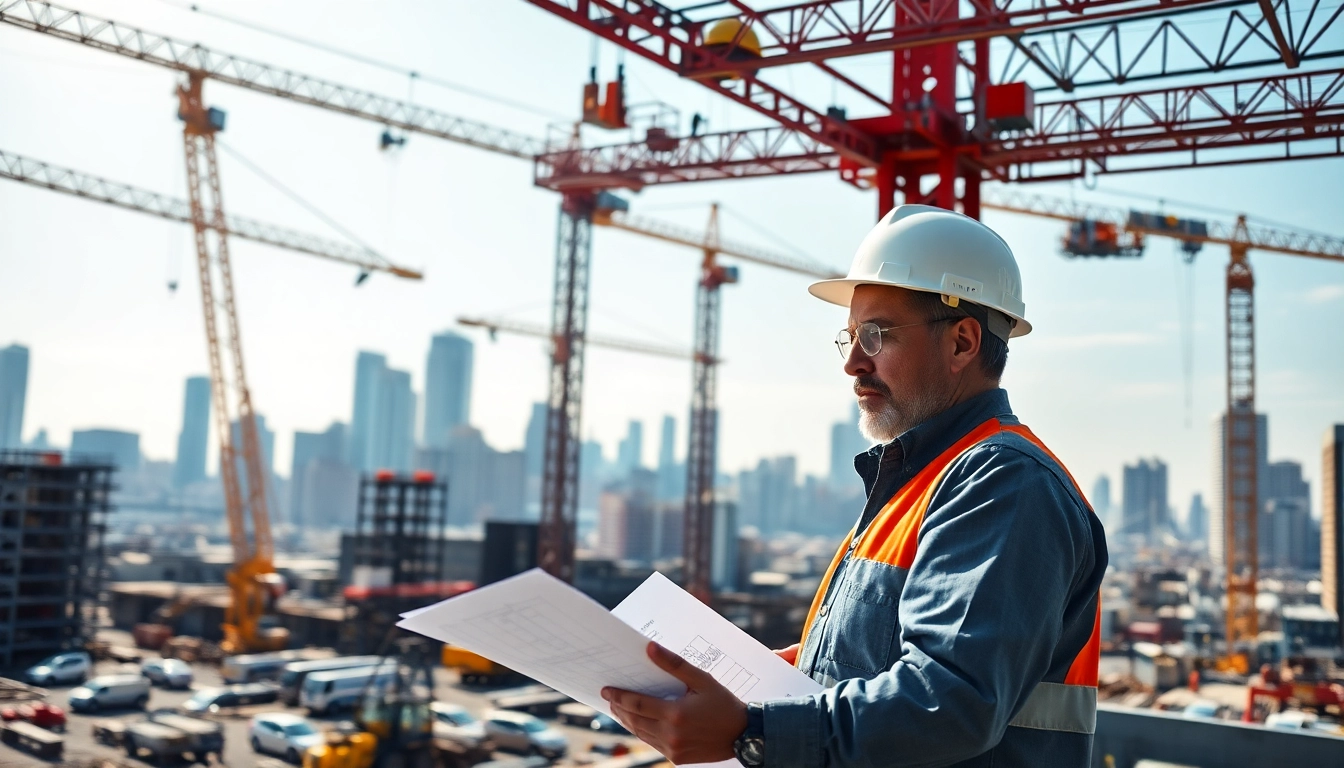 New York Commercial General Contractor analyzing project plans on an active construction site.