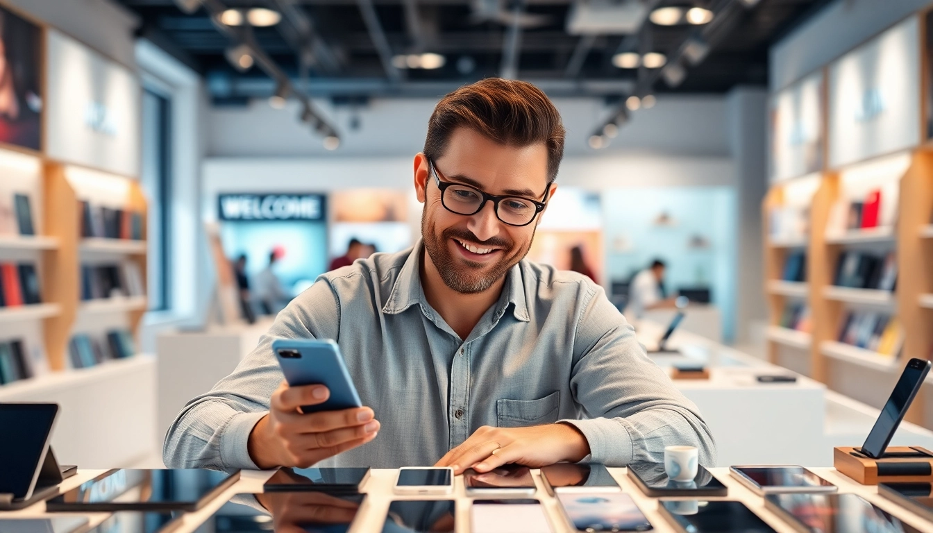 Engage a phone buyer near me evaluating smartphones in a vibrant retail space.