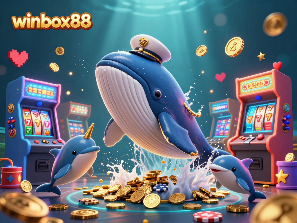 Winbox88 features an engaging underwater scene with a cartoon whale, a narwhal, and dolphins playing poker.