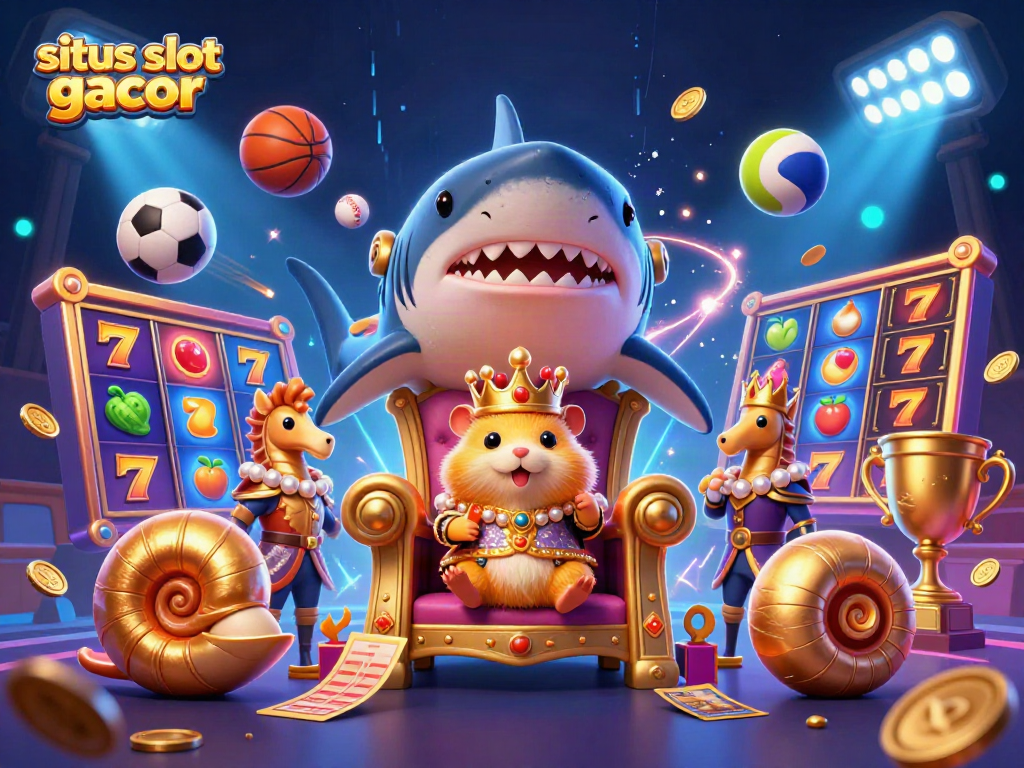 Situs slot gacor illustration of a hamster king with seahorse guards and vibrant slot reels, spotlighted with neon effects.