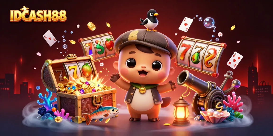 Play slots with IDCASH88 in a vibrant, 3D scene full of playful characters and casino elements.