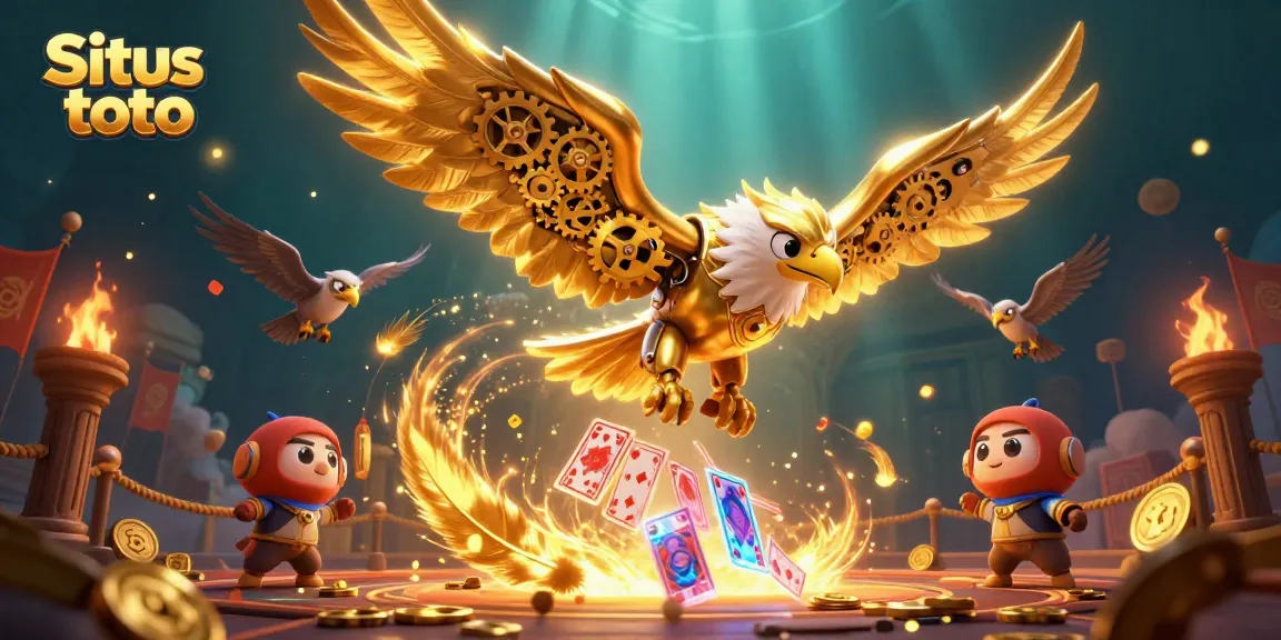 Engage in Situs toto gameplay as a golden eagle dives through holographic cards in a vibrant casino scene.