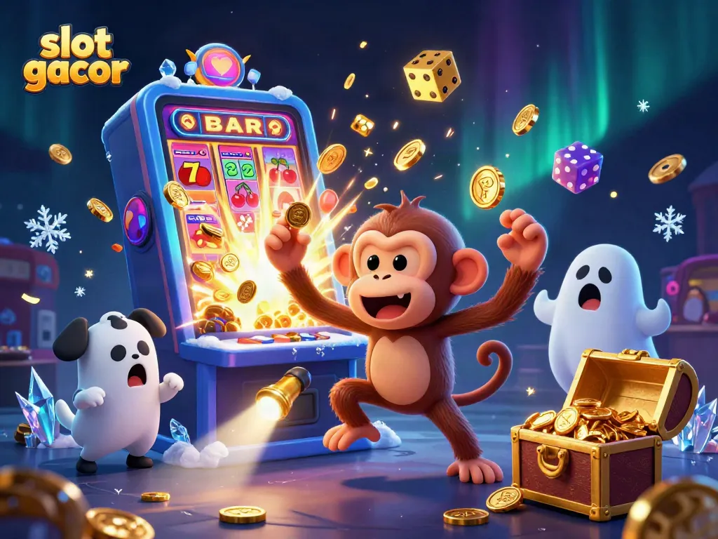 Engage with the excitement of slot gacor as a cheerful poltergeist monkey juggles golden coins in a vibrant casino setting.