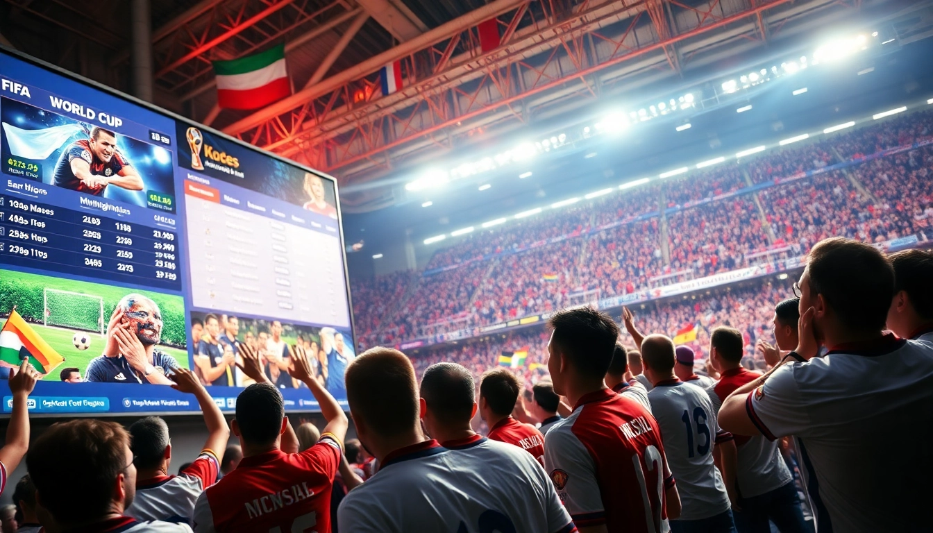 Engaged fans participating in FIFA World Cup betting with lively stadium backdrop.
