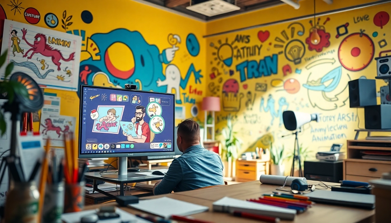 Animationagentur kreative Arbeitsumgebung mit einem digitalen Künstler, der dynamische Szenen erstellt.