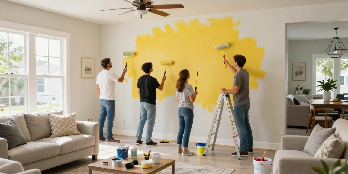 Professional painters in Sarasota FL applying fresh paint to a modern living room, showcasing craftsmanship and vibrant colors.