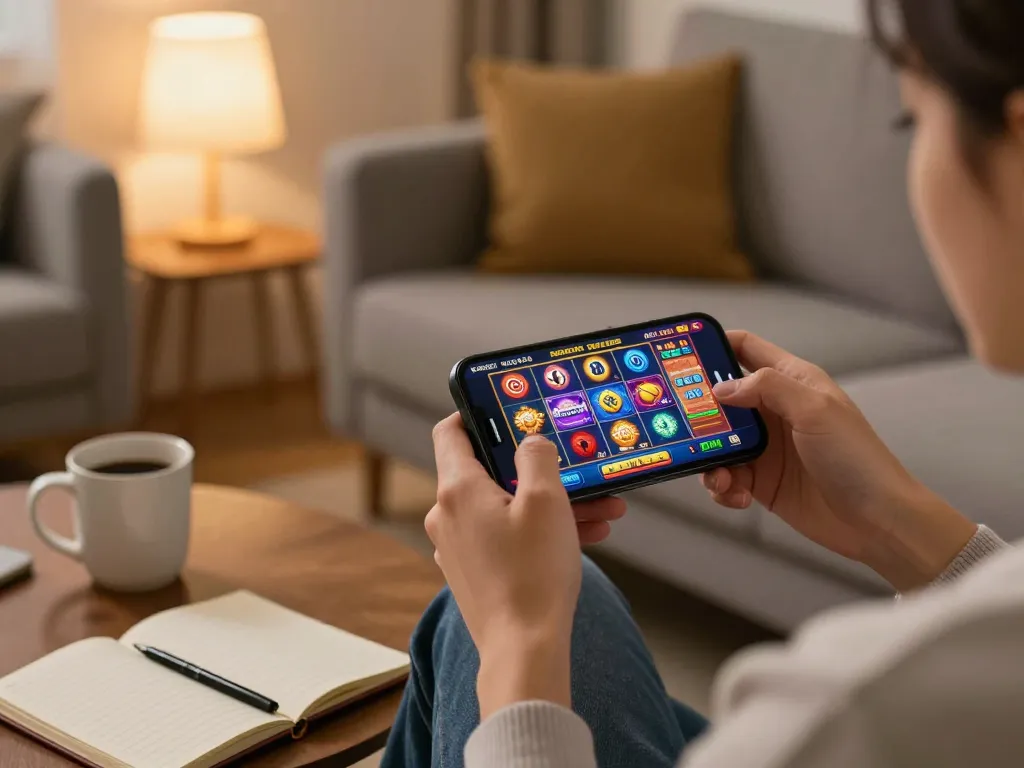 Engaged player enjoying online gaming on smartphone, 888top com slot graphics visible.
