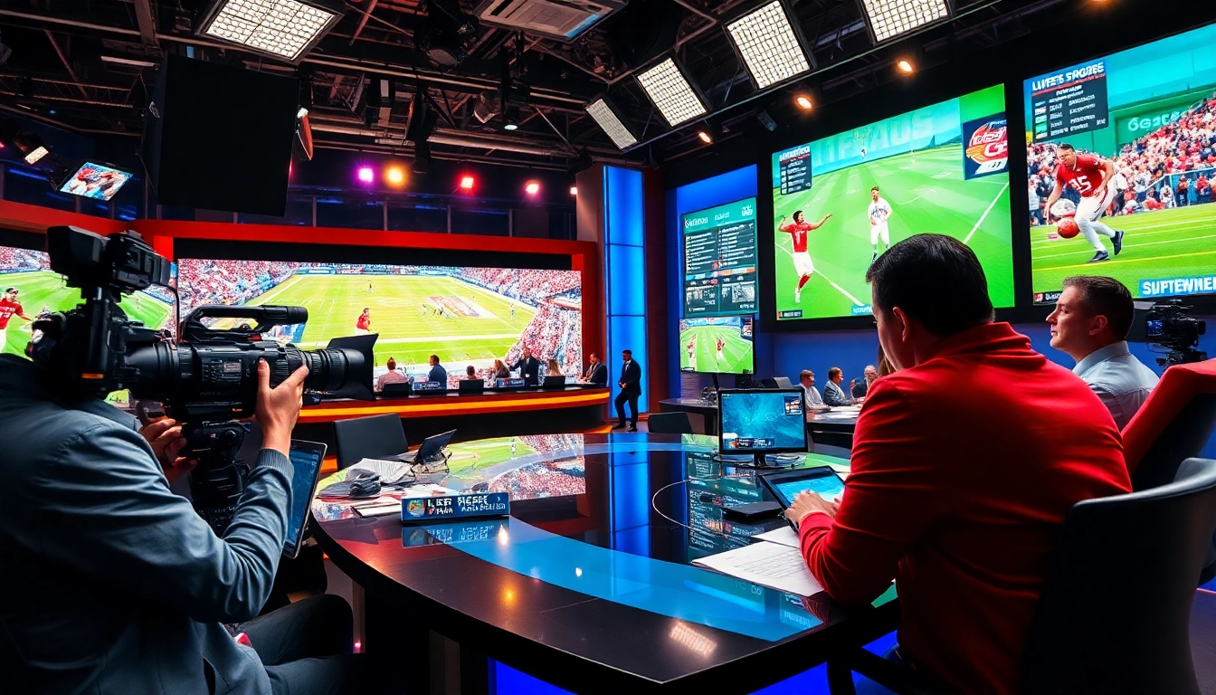 Engaging snapshot of sports broadcasting with commentators and dynamic screens illustrating key moments.