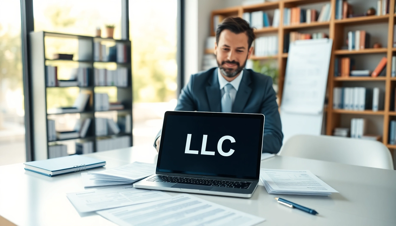 Set up LLC in a modern office with documents and professional ambiance.