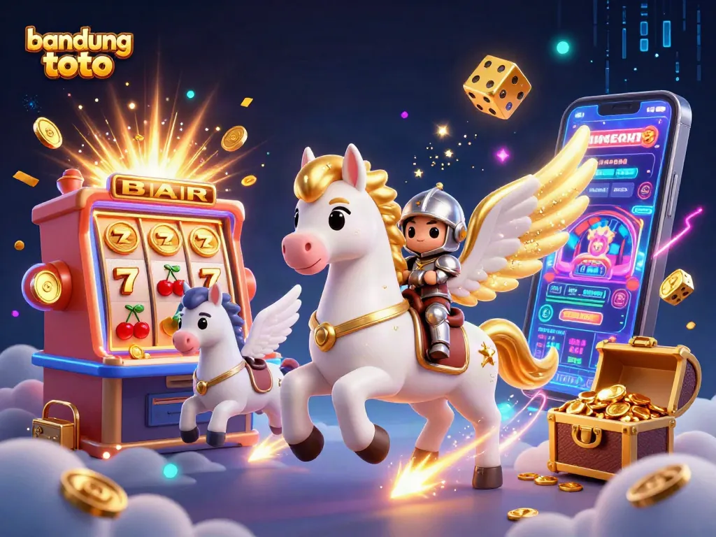 Experience thrilling bandung toto action with a cartoon knight and a magical horse amidst vibrant casino elements.