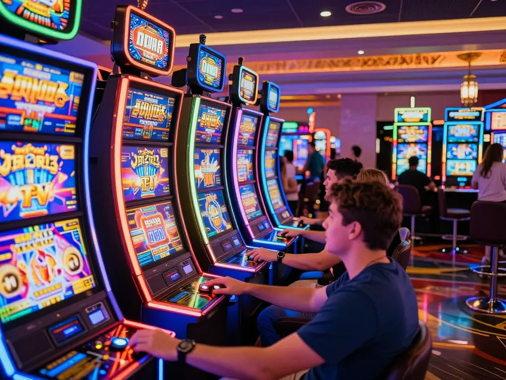 Engaged players at colorful slot machines experiencing slot gacor thrills in a vibrant casino