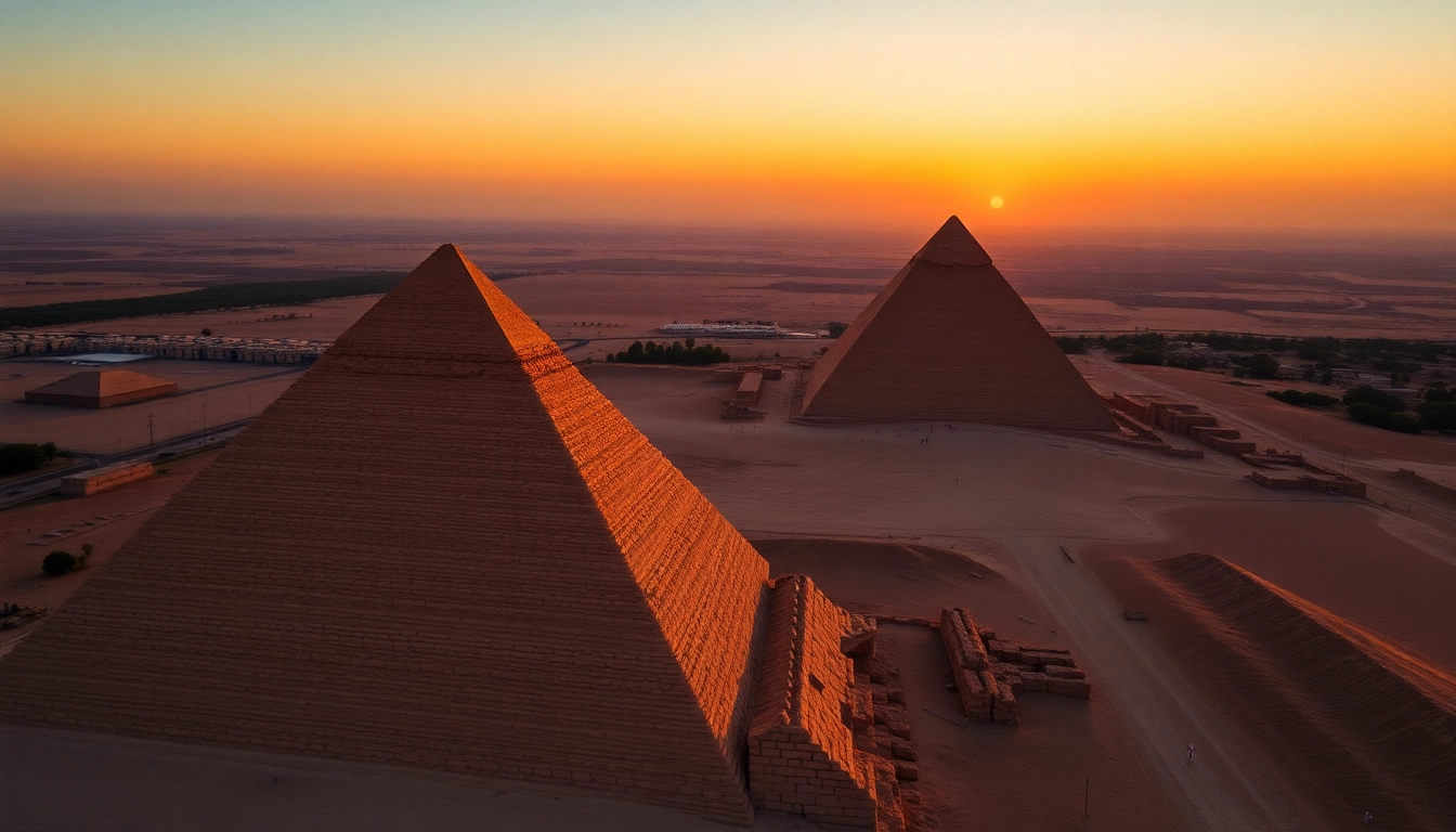 Visitors admiring the grand piraminds of Giza under a vibrant sunset lighting.