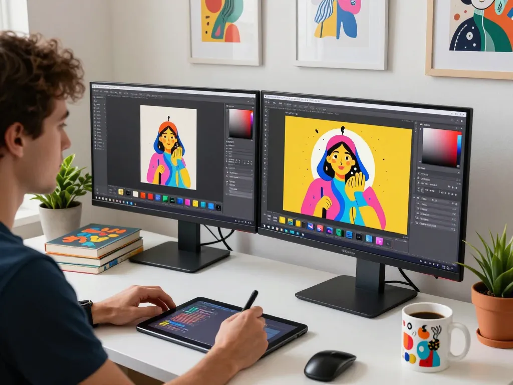 Digital artist using the nano banana AI editor in a creative workspace.