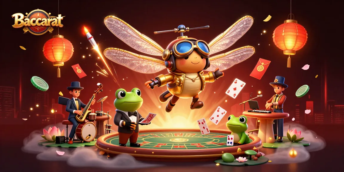 Baccarat gameplay scene featuring a dragonfly pilot and frog croupier at a lily pad casino