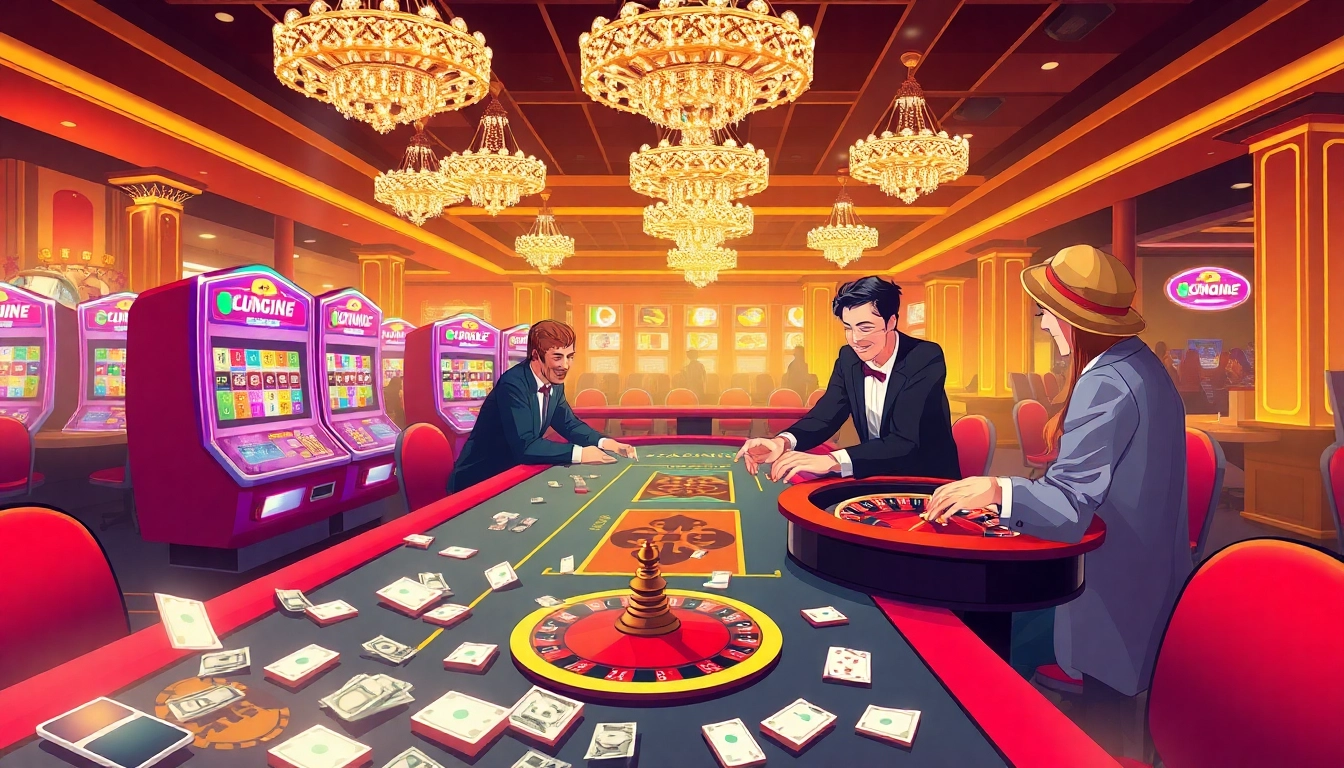 Players enjoying thrilling moments at Onicplay’s vibrant casino table with roulette and slots.