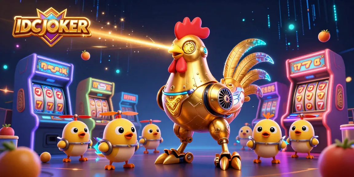 Engage thrilling slot games with IDCJOKER's golden rooster and baby chick drones in a vibrant casino scene.