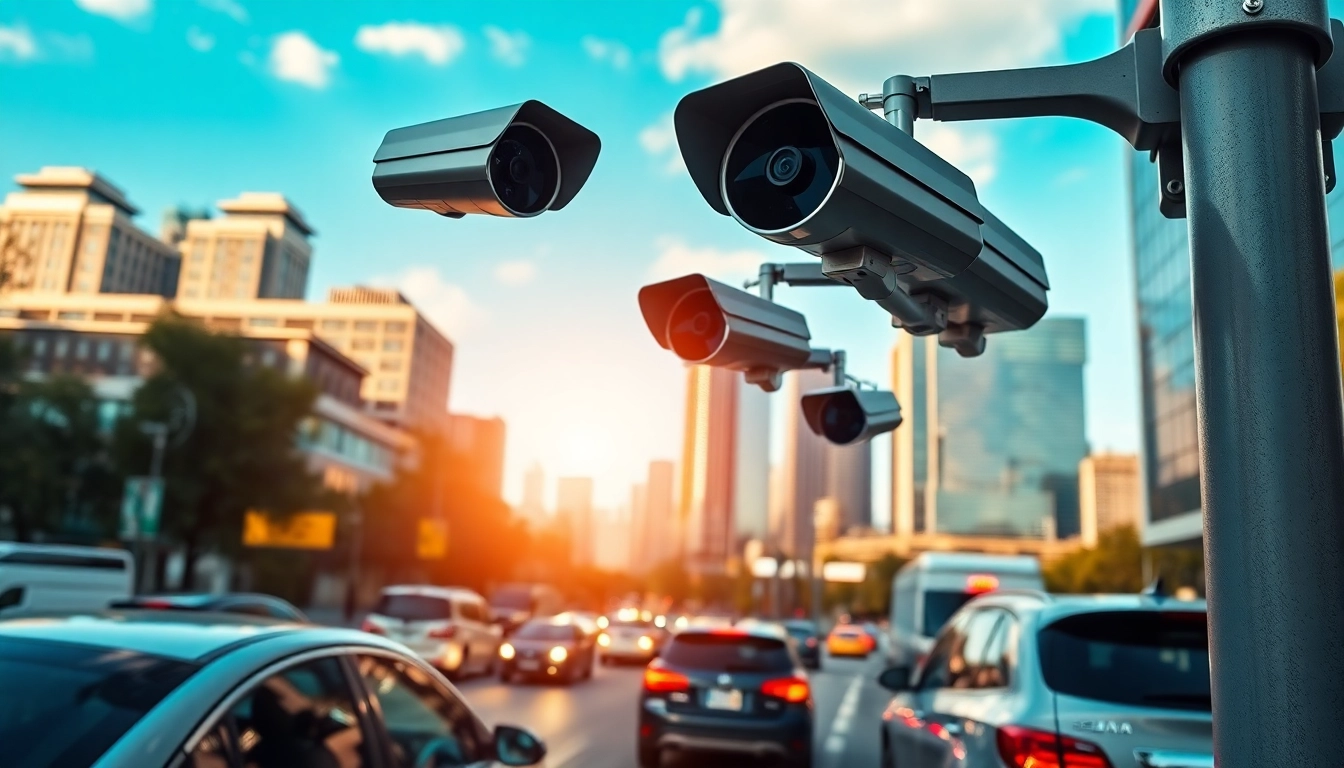 Automatic license plate recognition technology capturing vehicle information in a city setting.