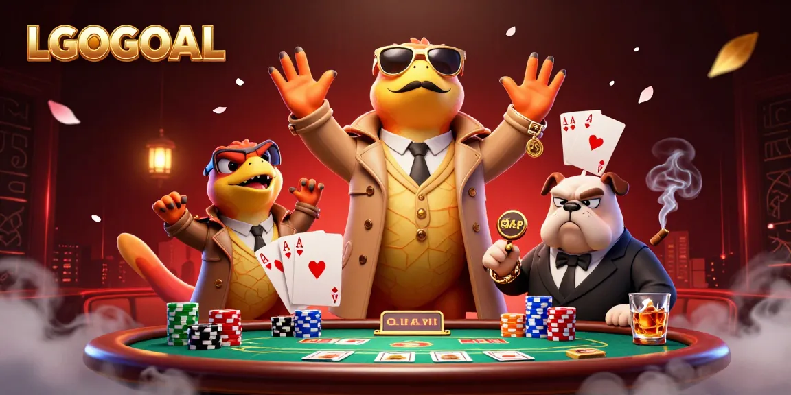 Three raptors in a trench coat attempt to enter LGOGOAL's VIP lounge amidst poker chaos.