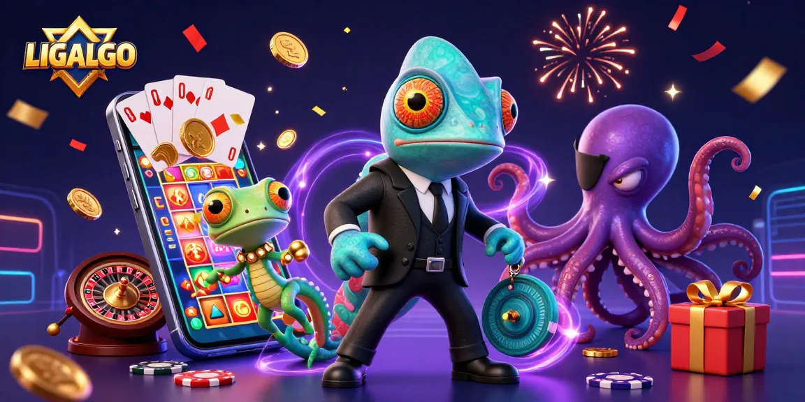 LIGALGO showcases a vibrant gaming scene with dynamic characters and colorful casino elements.