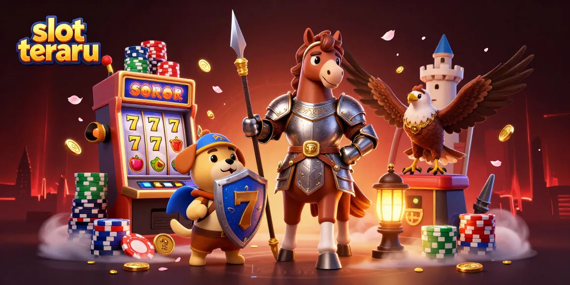Engage with slot terbaru featuring a medieval knight, squire, and falcon amid a vibrant gaming scene.