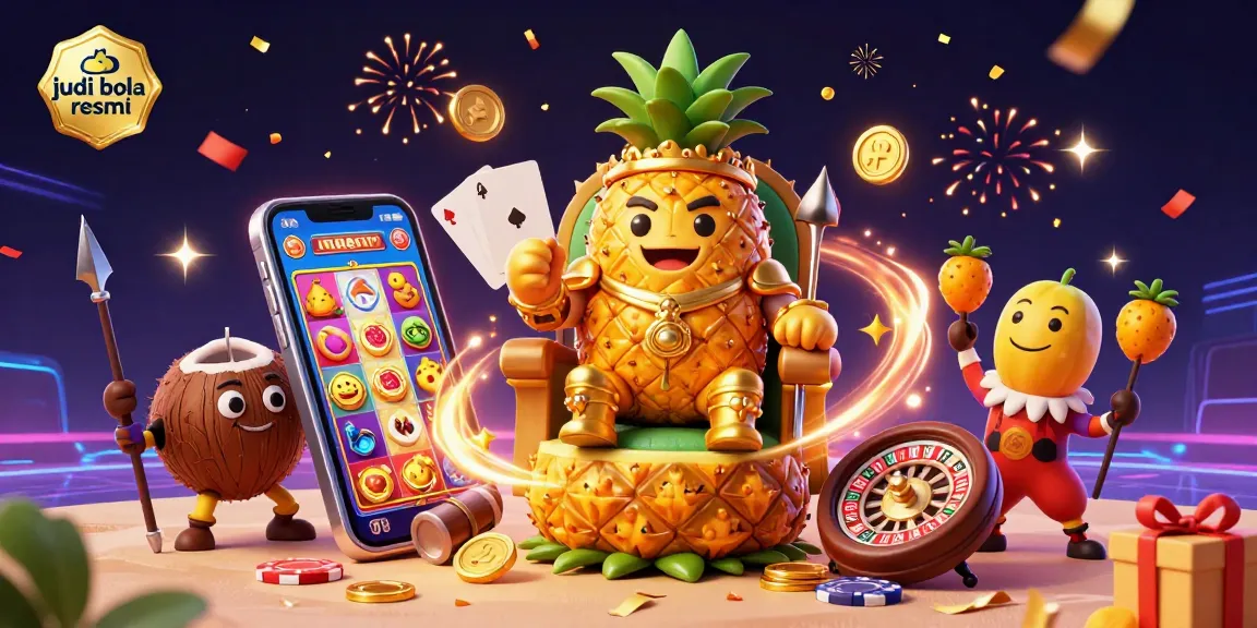 Engage with judi bola resmi in a vibrant beach casino scene featuring a golden pineapple king and dynamic game elements.
