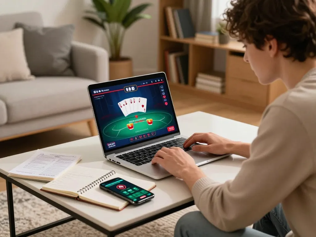 Agen Casino Online gameplay on laptop, emphasizing strategic planning with poker interface and notes.
