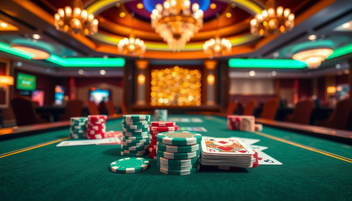 Spielen im casino-spiele de mit bunten Spielchips und Karten auf einem eleganten Tisch.